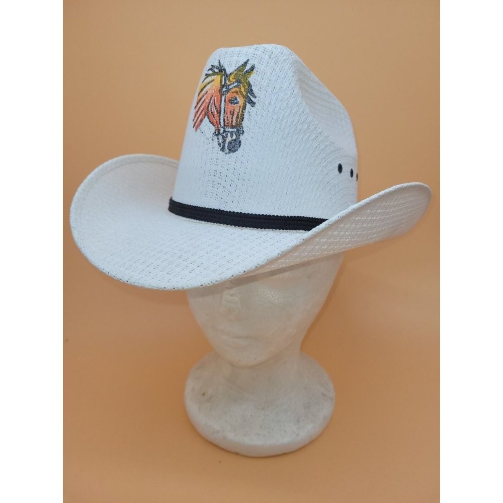 Western Express White Straw Rigid Cowboy Hat Sz 6 3/4 w Horse Head graphic